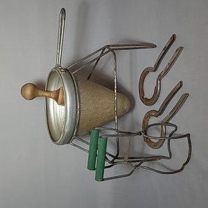 Vintage Viro Aluminum Cone Colander w/Wood Pestle Yo-Ho Jar Lifter & Jar Openers
